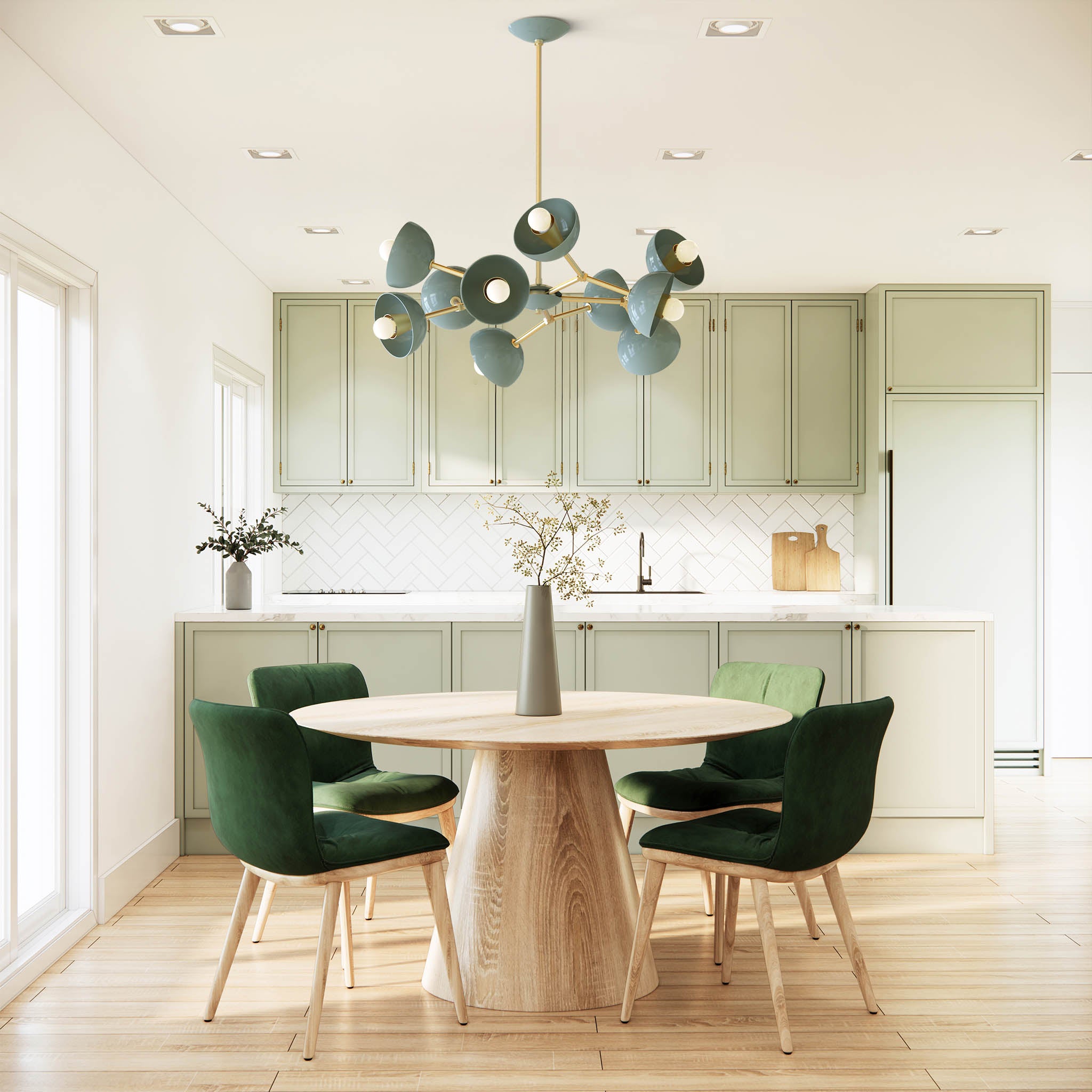 Brass and spa green Color Alegria chandelier dining room dutton brown lighting