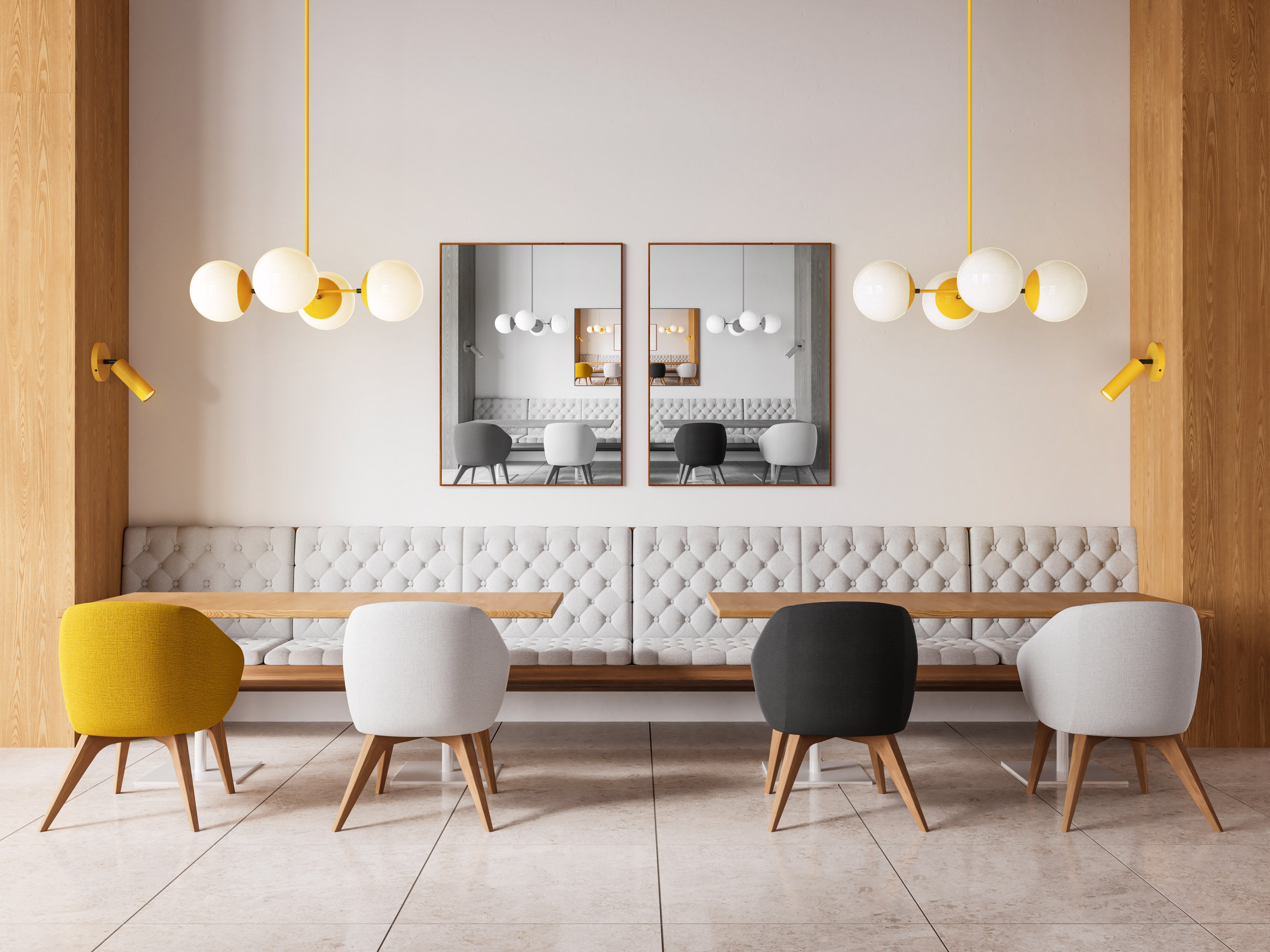 Black and ochre yellow color big orbi chandelier restaurant scene dutton brown lighting