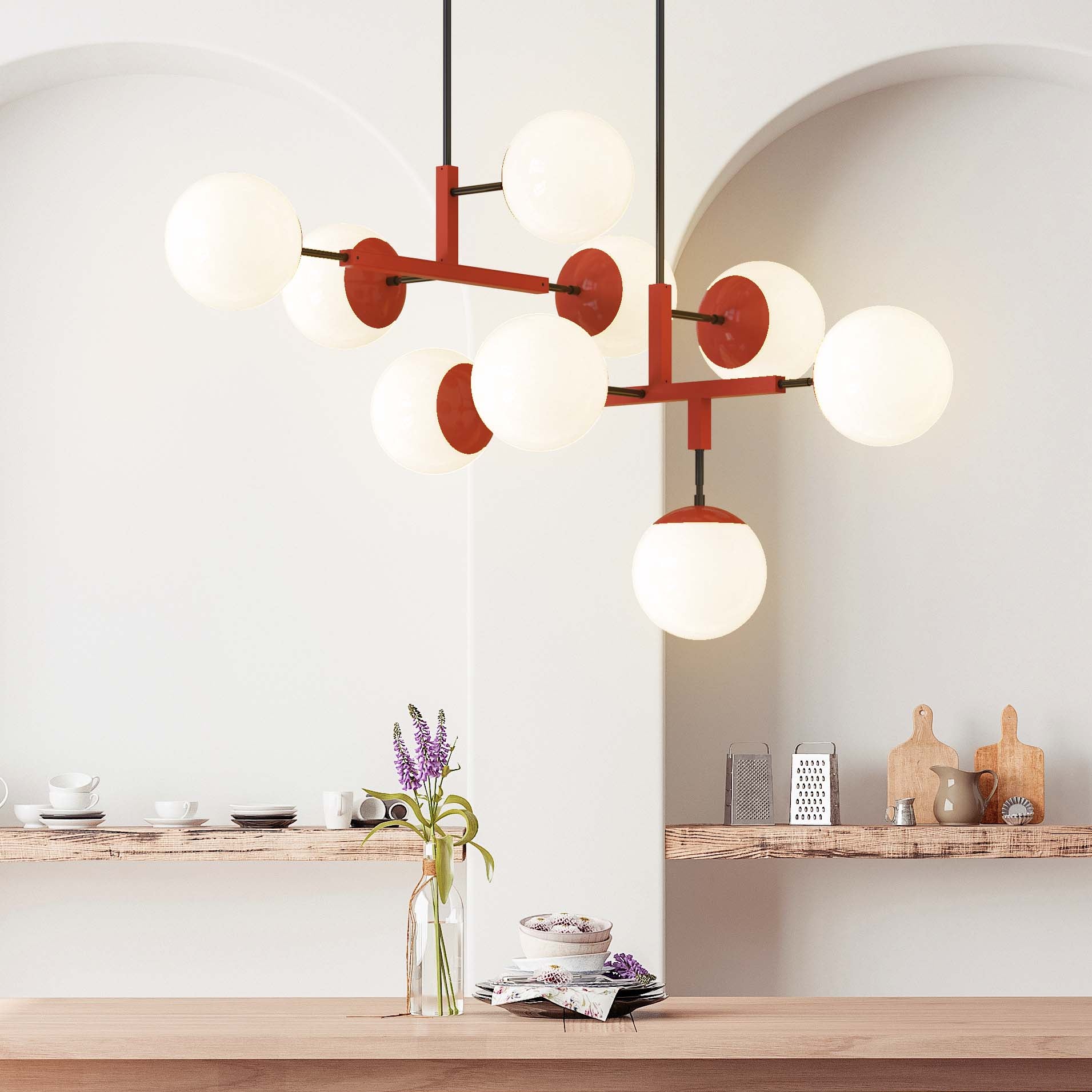 Black and riding hood red color big prisma and color big status dining table scene dutton brown lighting