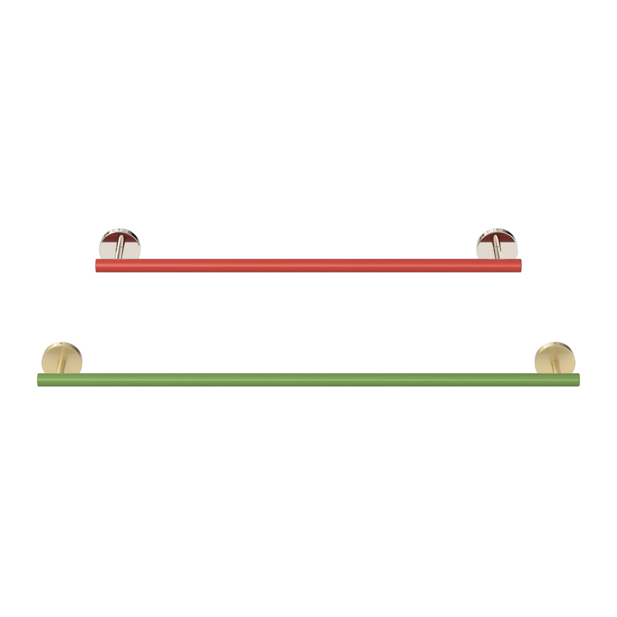 Swift Towel Bar 18" Nickel and Riding Hood Red above Swift Towel Bar 24" Brass and Python Green, size comparison, Dutton Brown hardware