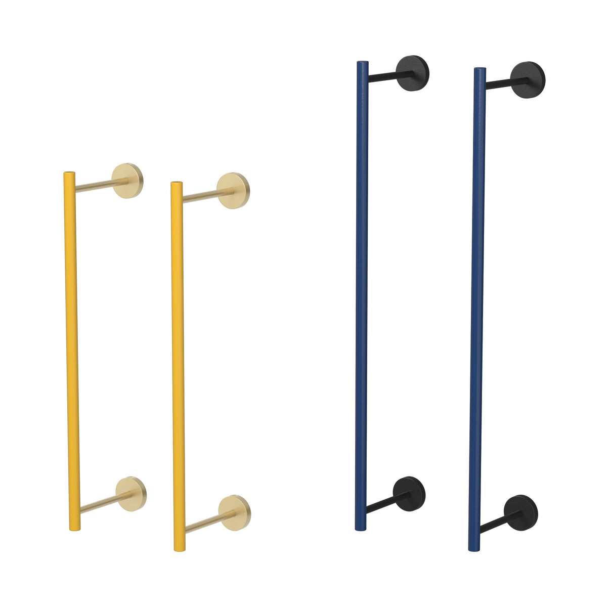Swift Towel Rack 18" Brass and Ochre beside Swift Towel Rack 24" Black and Cobalt, size comparison, Dutton Brown hardware