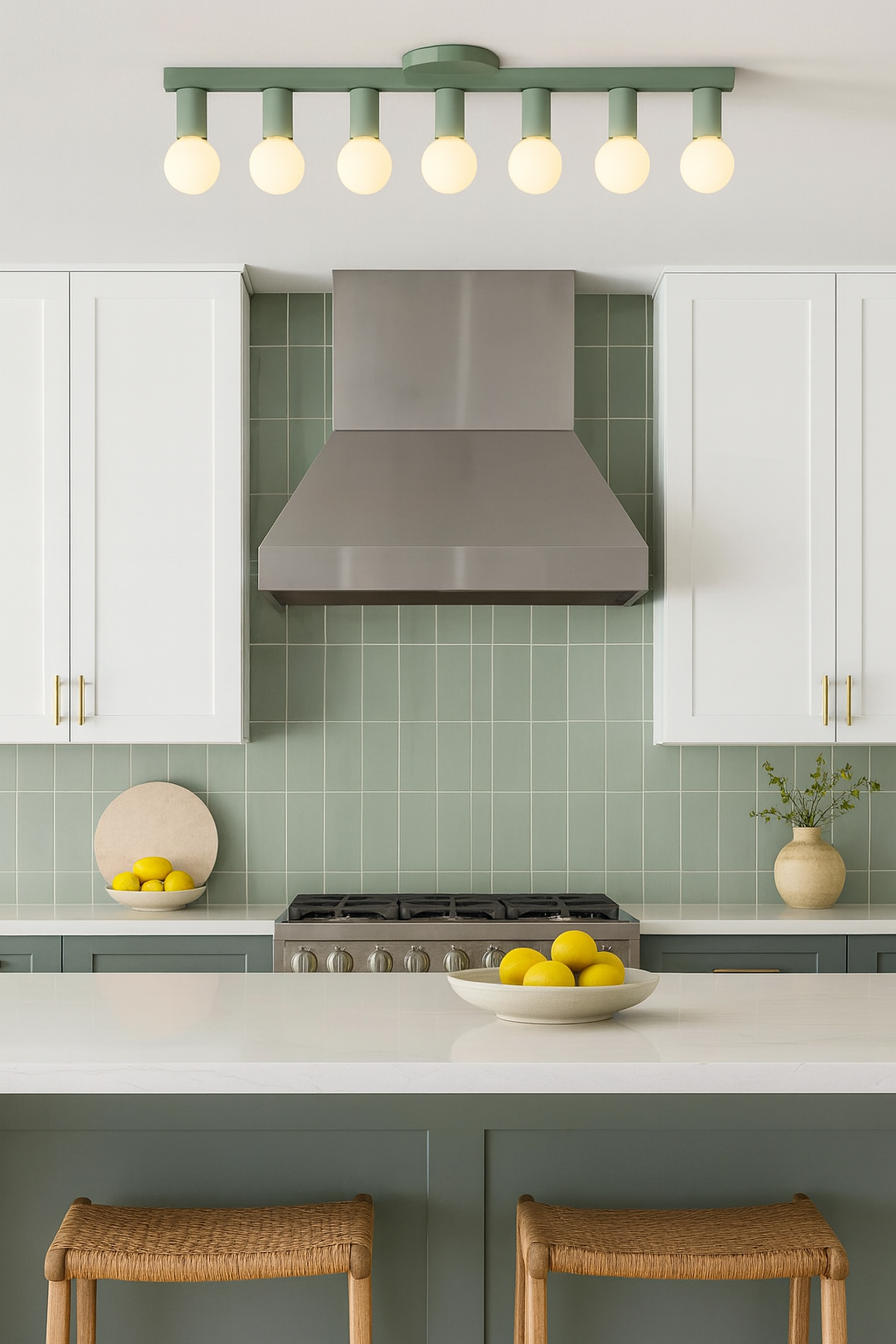 Vogue 7 Flush Mount Spa color Modern kitchen with green backsplash, white cabinets, and a stainless steel range hood.