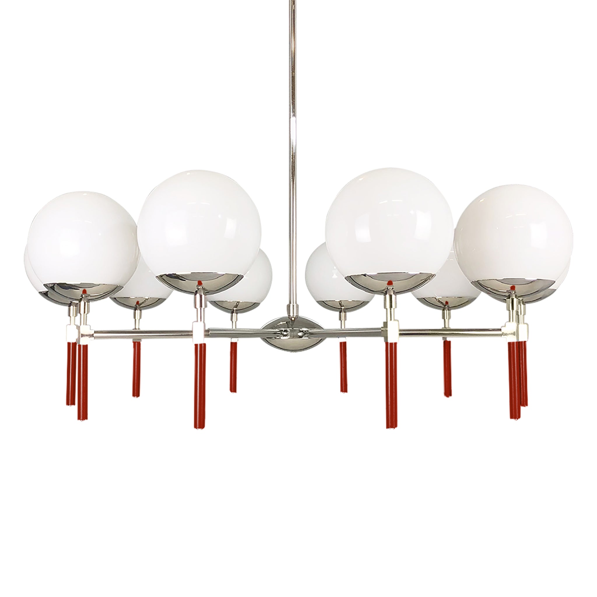 Nickel and riding hood red color Lolli chandelier 36" Dutton Brown lighting