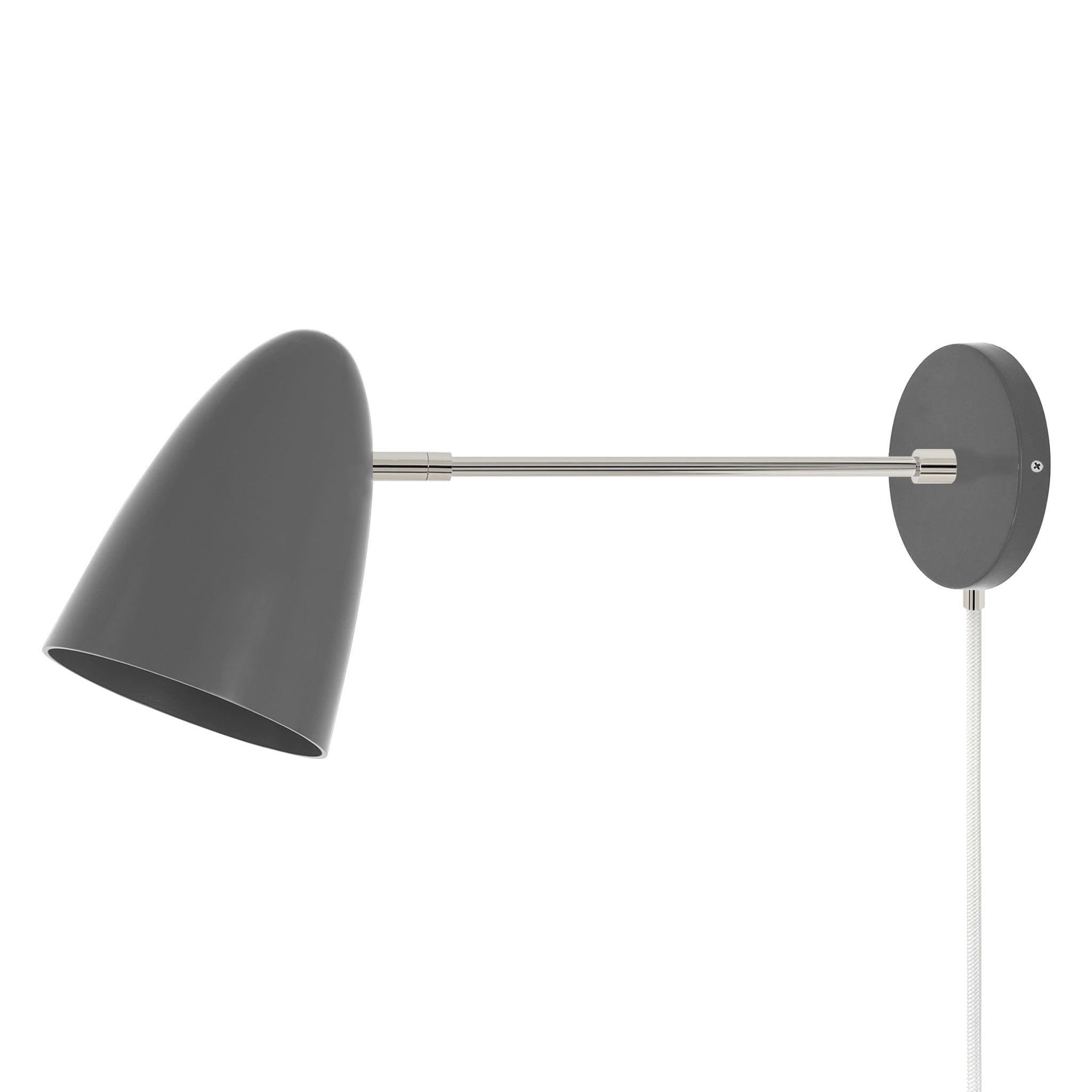 Nickel and charcoal color Boom plug-in sconce 10" arm Dutton Brown lighting
