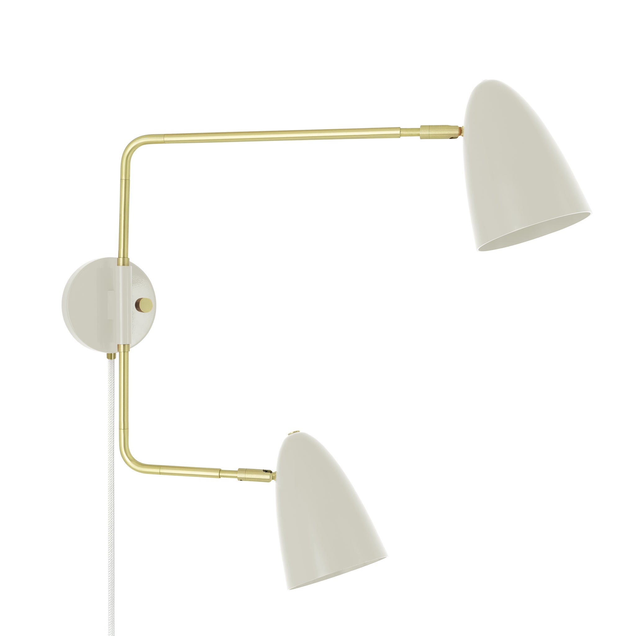 Brass and bone color Boom Double Swing Arm plug-in sconce Dutton Brown lighting