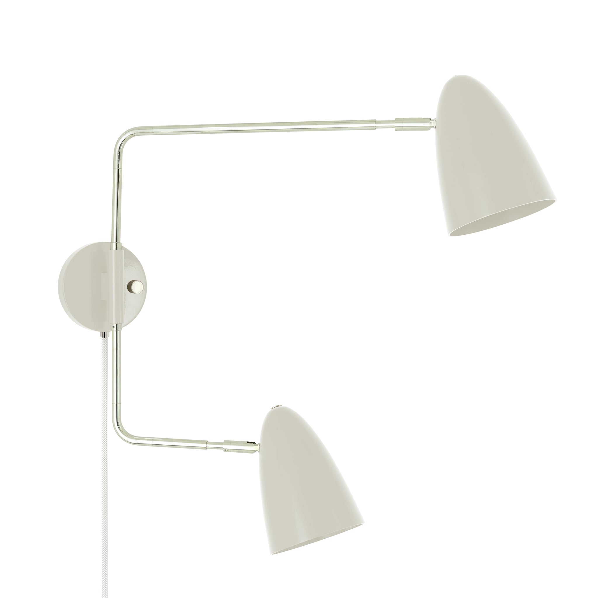 Nickel and bone color Boom Double Swing Arm plug-in sconce Dutton Brown lighting