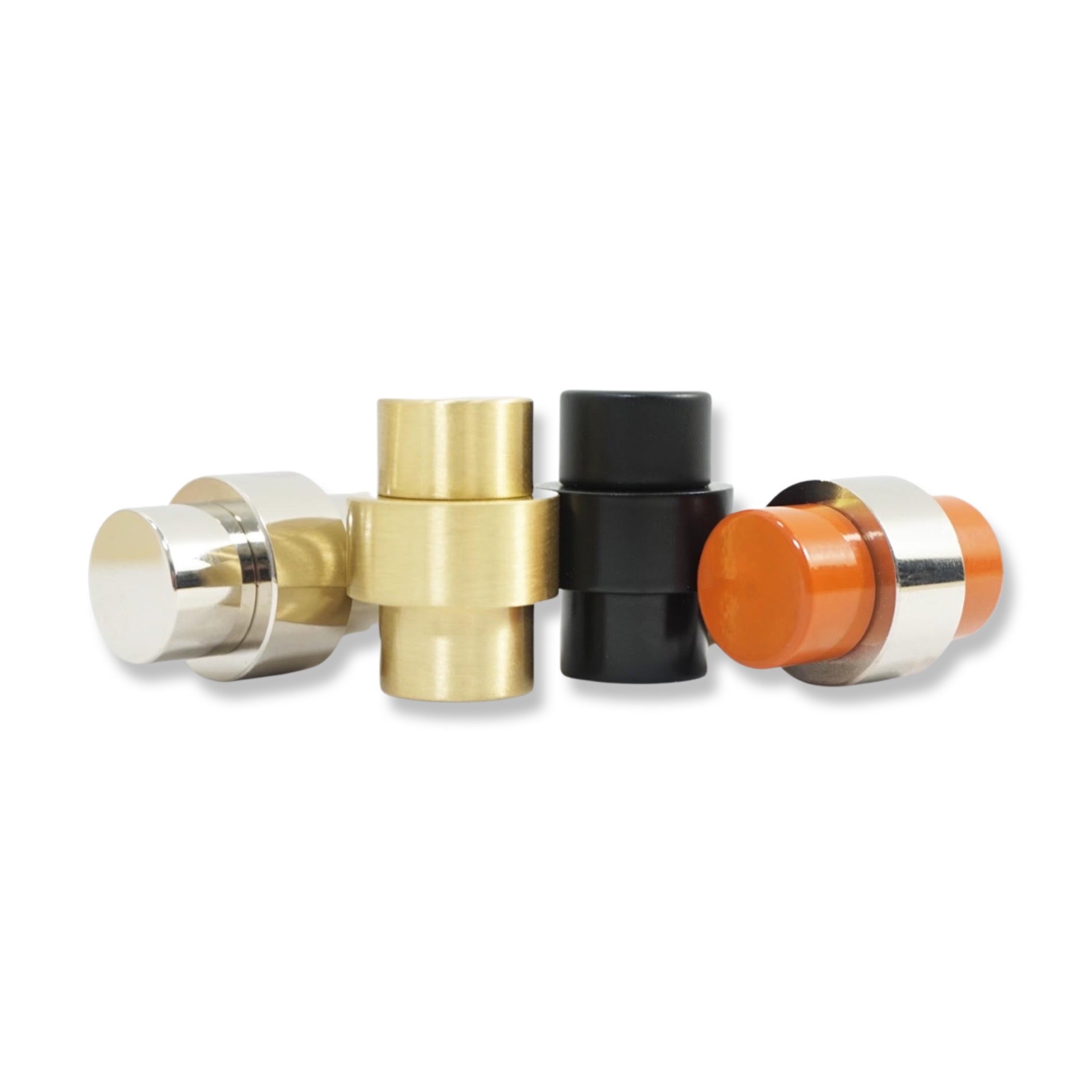 Nickel, brass, black, and nickel and orange color Persona knob Dutton Brown hardware _hover