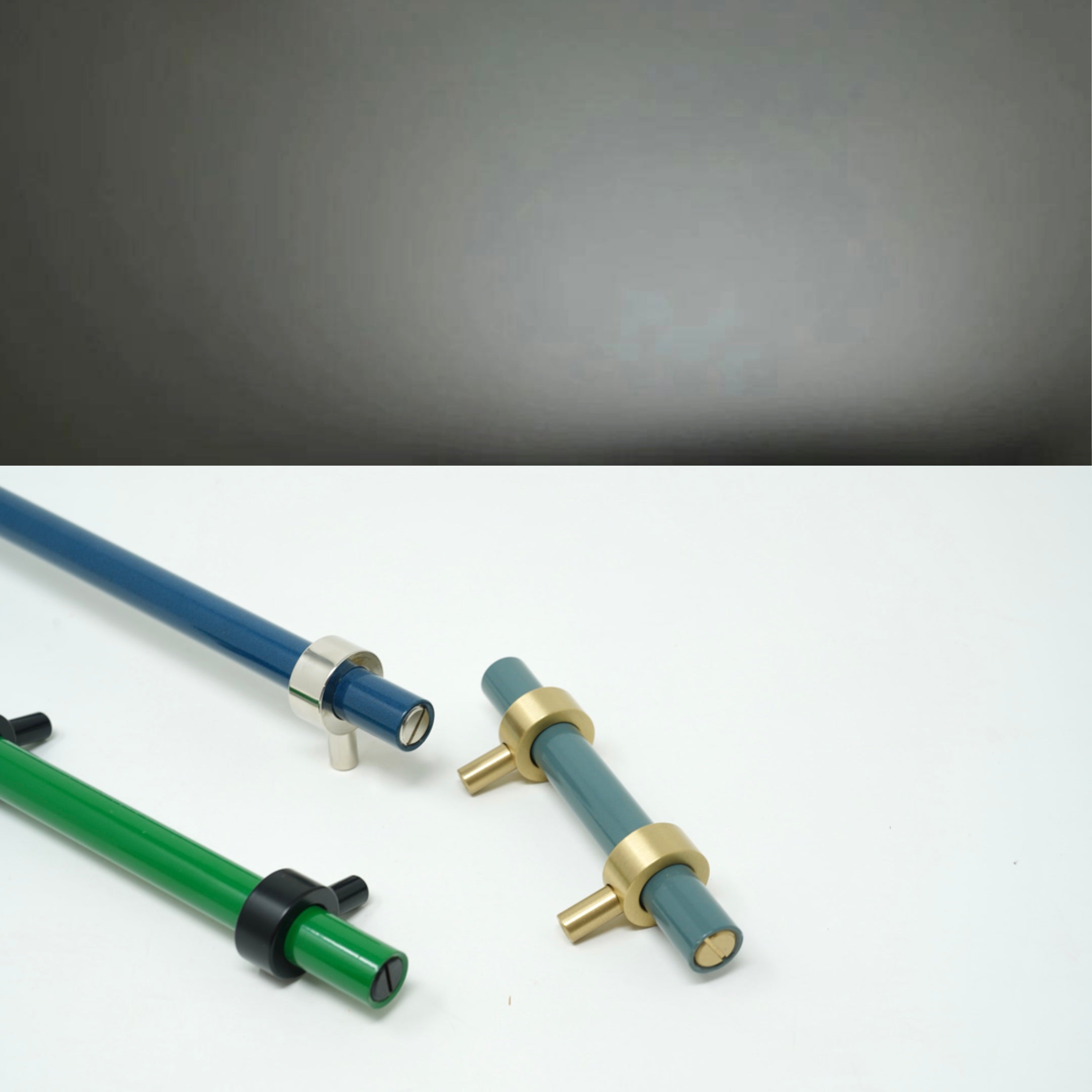 Brass and charcoal, black and python green, and nickel and slate blue color Caliber pull by Dutton Brown