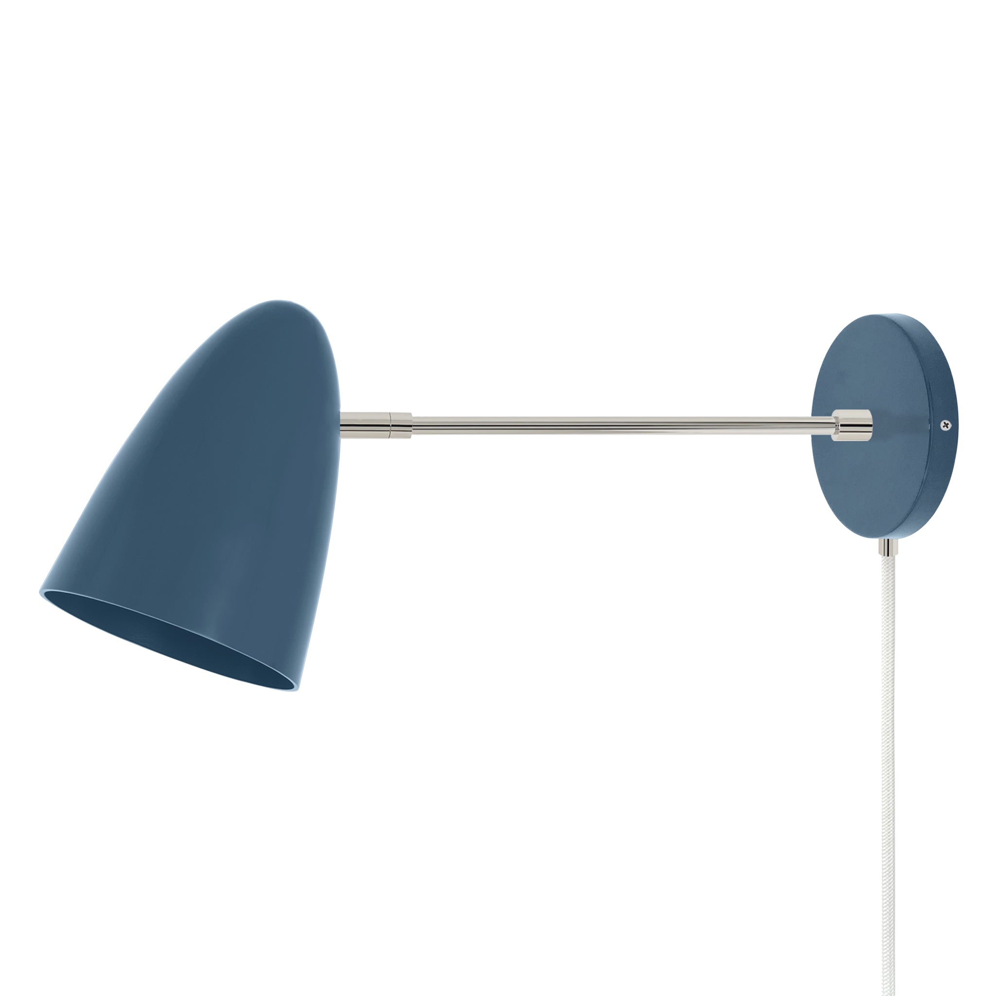 Nickel and slate blue color Boom plug-in sconce 10" arm Dutton Brown lighting