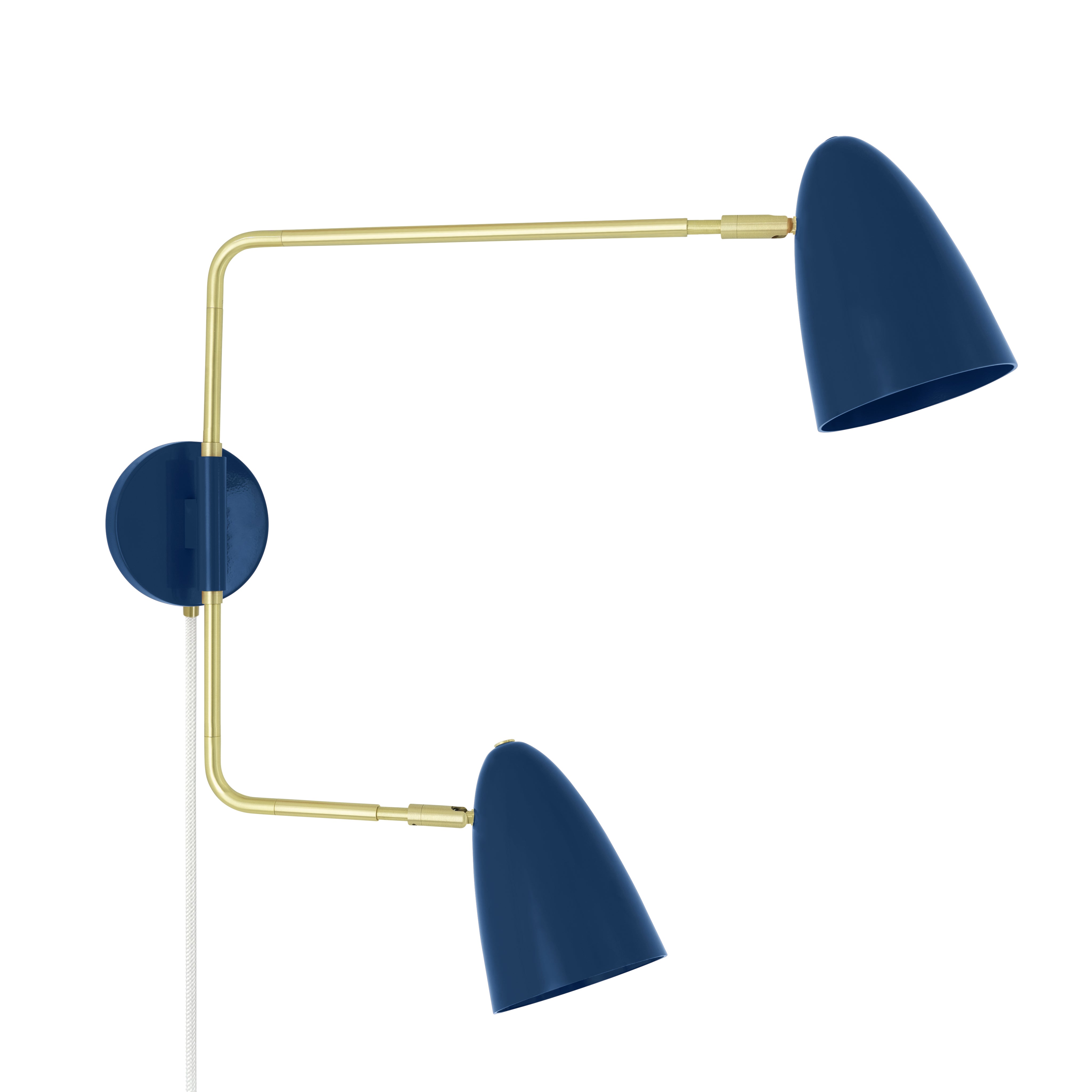 Brass and cobalt color Boom Double Swing Arm plug-in sconce Dutton Brown lighting