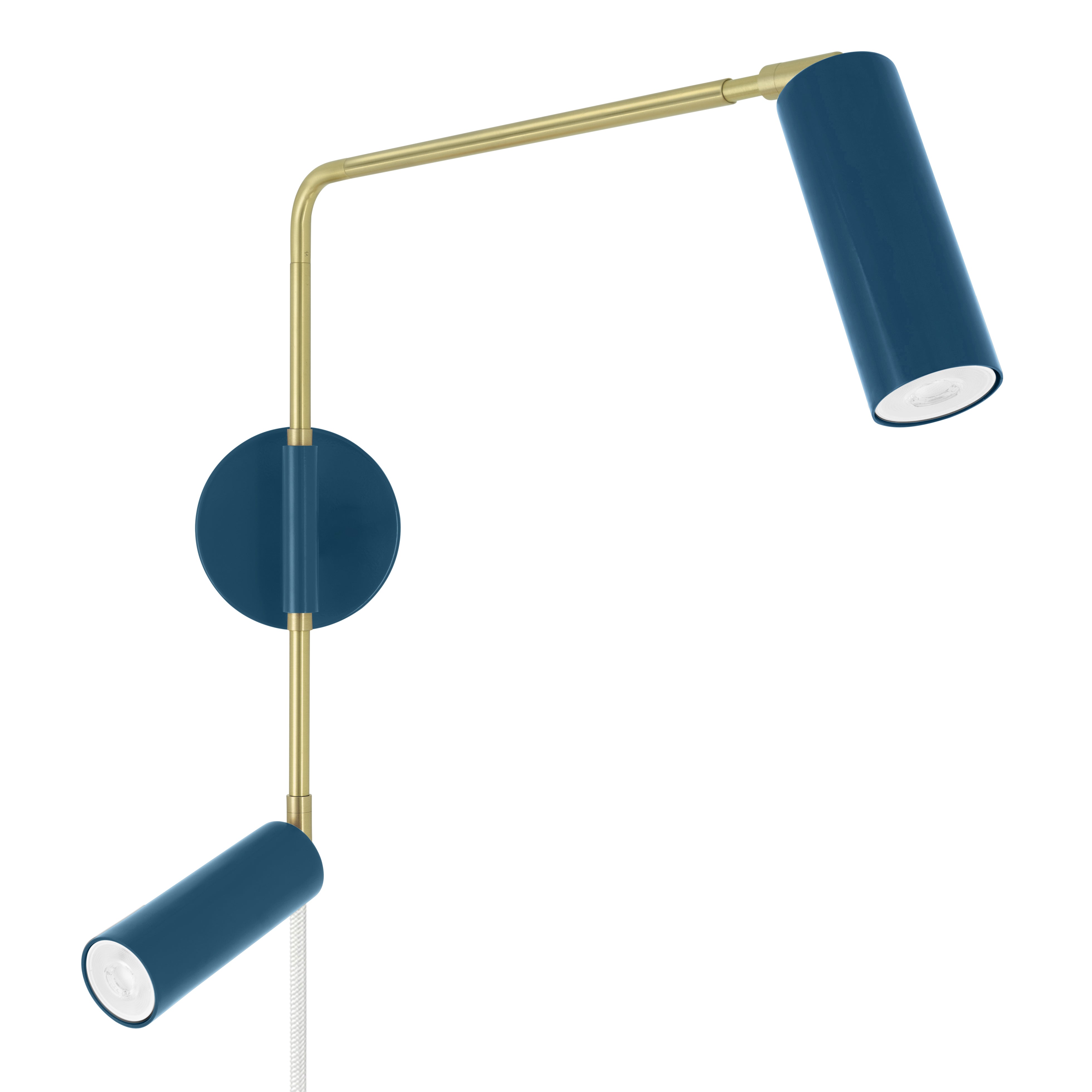 Brass and slate blue color Reader Double Swing Arm plug-in sconce Dutton Brown lighting