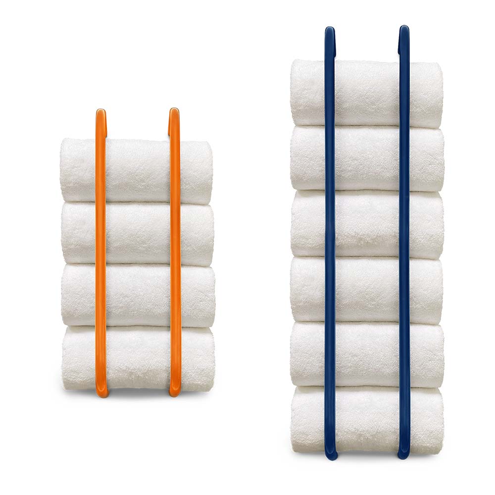 Orange, cobalt color Beyond towel rack size comparison Dutton Brown hardware