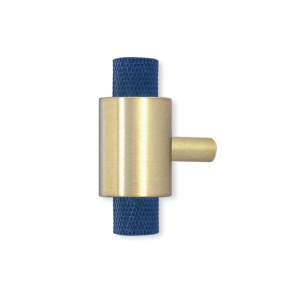 Brass and cobalt color Tux knob Dutton Brown hardware