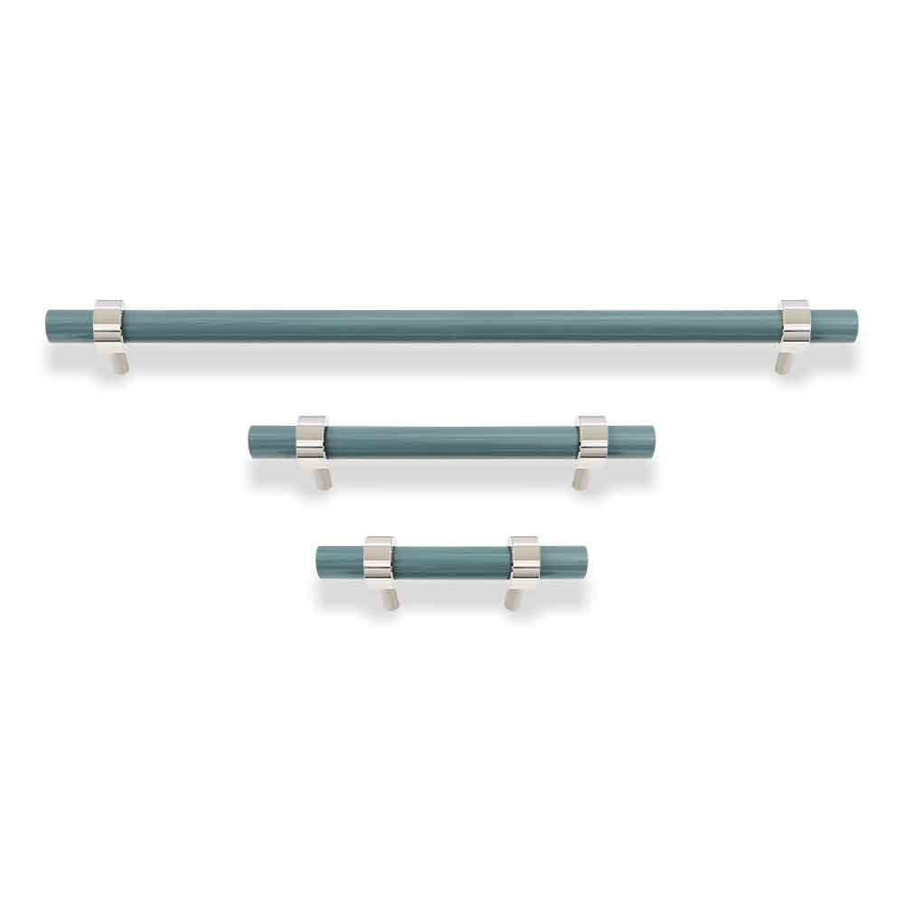 Nickel and lagoon color Caliber pull Dutton Brown hardware