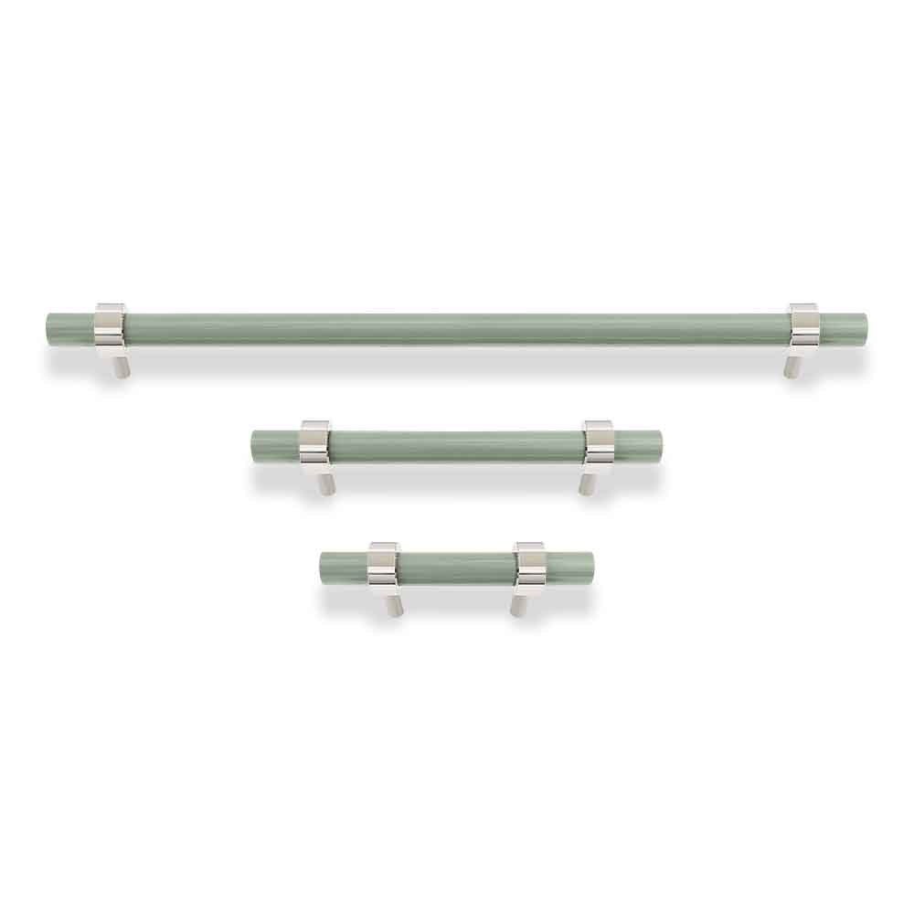 Nickel and spa color Caliber pull Dutton Brown hardware