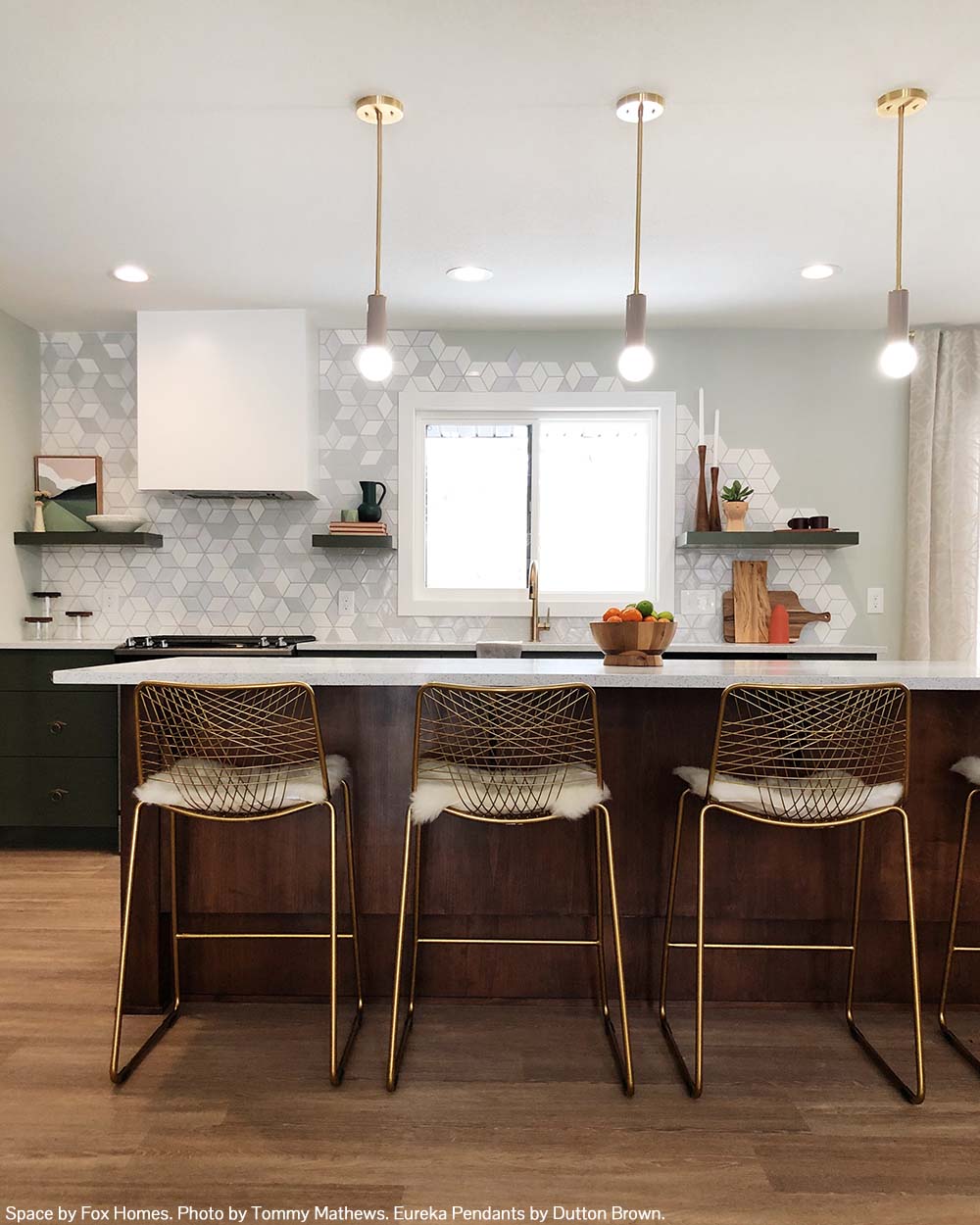 Brass and barely color Eureka pendants by Dutton Brown. Space by Fox Homes. Photo by Tommy Mathews. _hover