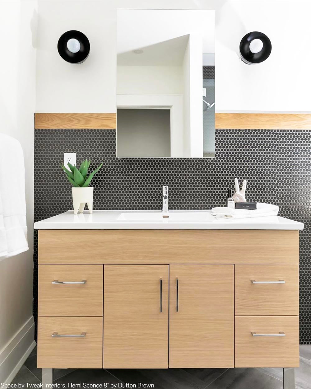 Nickel and black color Hemi sconces 8" by Dutton Brown. Space and photo by Tweak Interiors. _hover