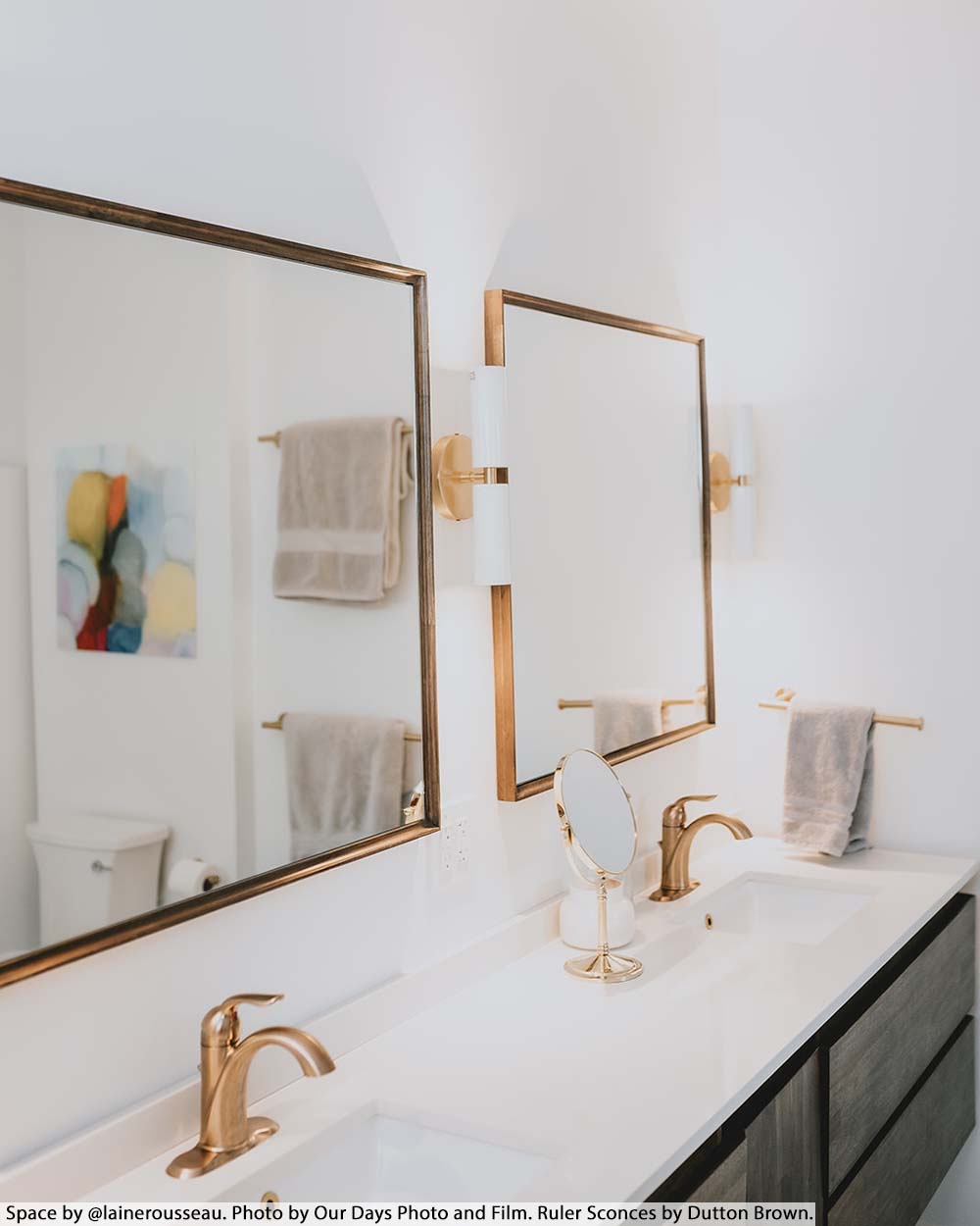 Brass and white color Ruler sconce by Dutton Brown. Space by @lainerousseau. Photo by Our Days Photo and Film. _hover