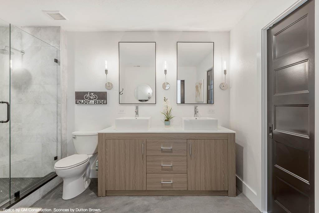 white nickel tall snug sconce wall lighting bathroom vanity lighting dutton brown. Space by GM Construction. _hover